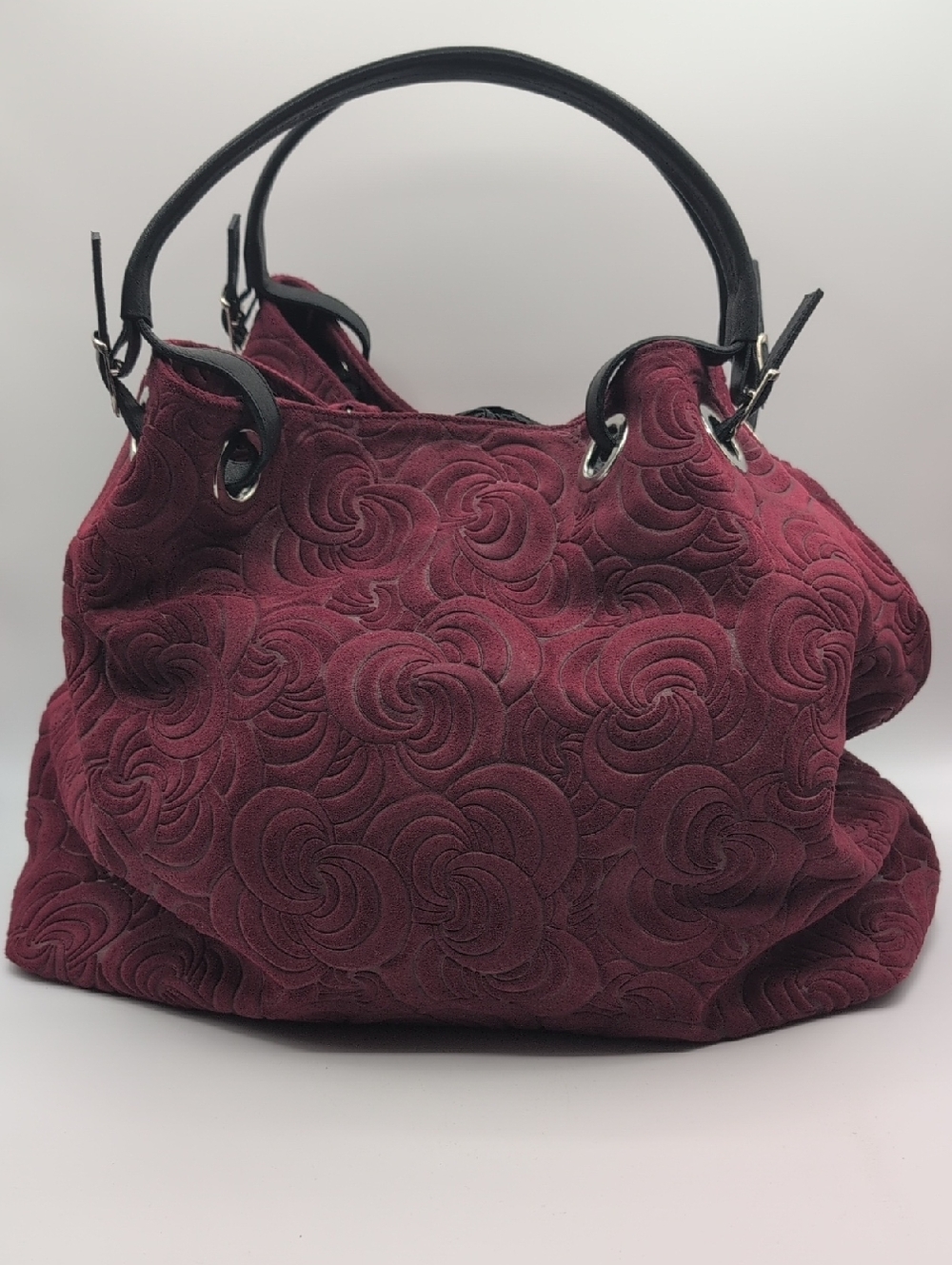 Borse In Pelle | Women's Embossed Floral Leather Tote Bag - Burgundy